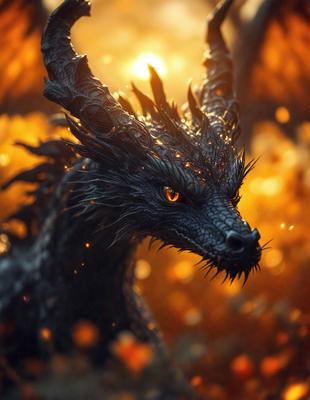 Primary subject: A dragon with a fierce expression.

Setting/background: The dragon is standing in front of a sunset, with a field of flowers in the background.

Visual style: The image is a digital artwork, featuring a detailed and intricate dragon design.

Colors and mood: The dragon is predominantly black, with orange and yellow hues from the sunset in the background. The overall atmosphere is dramatic and captivating.